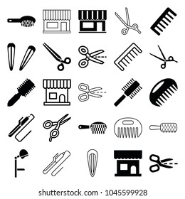 Hairdressing icons. set of 25 editable filled and outline hairdressing icons such as comb, hair brush, beauty salon, hair barrette, barber scissors