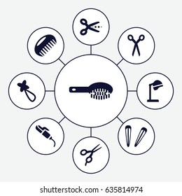 Hairdressing icons set. set of 9 hairdressing filled icons such as comb, barber scissors, hair brush, salon hair dryer