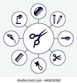 Hairdressing icons set. set of 9 hairdressing filled icons such as comb, hair brush, barber scissors, salon hair dryer