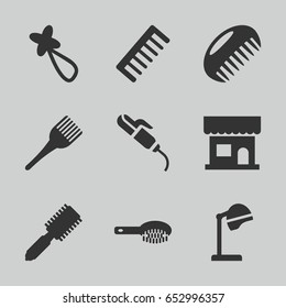Hairdressing icons set. set of 9 hairdressing filled icons such as comb, hair brush, salon hair dryer, beauty salon