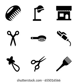 Hairdressing icons set. set of 9 hairdressing filled icons such as comb, barber scissors, hair brush, salon hair dryer, beauty salon