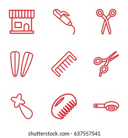 Hairdressing icons set. set of 9 hairdressing outline icons such as comb, barber scissors, hair brush, beauty salon, hair barrette
