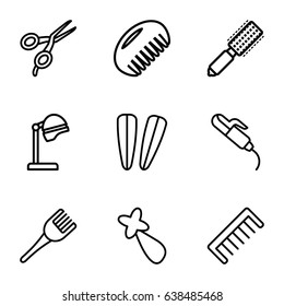 Hairdressing icons set. set of 9 hairdressing outline icons such as comb, hair brush, barber scissors, salon hair dryer