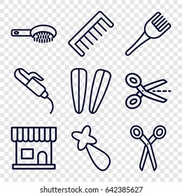 Hairdressing icons set. set of 9 hairdressing outline icons such as barber scissors, hair brush, beauty salon, comb, coloring brush, hair barrette, hair curler