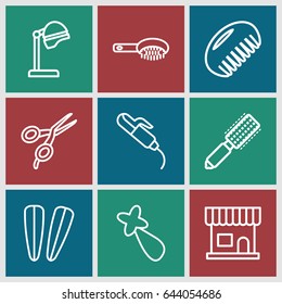Hairdressing icons set. set of 9 hairdressing outline icons such as comb, hair brush, barber scissors, salon hair dryer