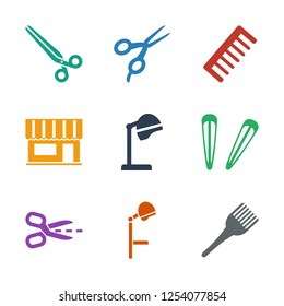 hairdressing icons. Trendy 9 hairdressing icons. Contain icons such as coloring brush, salon hair dryer, scissors, hair barrette, beauty salon. hairdressing icon for web and mobile.