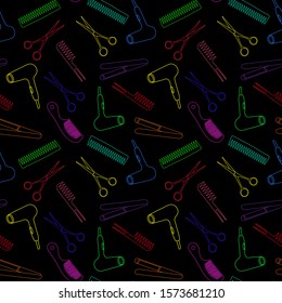 Hairdressing items on a black background, black seamless pattern with multicolored silhouettes of hairdressing items, flat vector