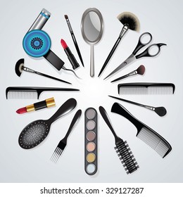 Hairdressing and makeup equipment isolated on white. Vector illustration