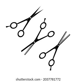 Hairdressing metal scissors of different types of black color on a white background. A vector image.