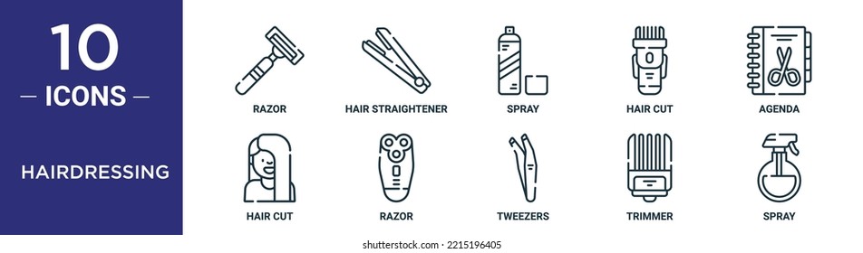 Hairdressing Outline Icon Set Includes Thin Line Razor, Hair Straightener, Spray, Hair Cut, Agenda, Hair Cut, Razor Icons For Report, Presentation, Diagram, Web Design