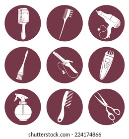 Hairdressing professional tools. Set of round flat icons.