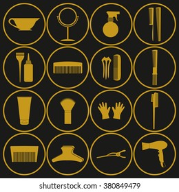Hairdressing related symbol. Vector set of accessories for hair.Hair styling tools set. Black and white icons. Hairbrush, comb, hairdryer, hair curler, hair straightener, mirror, hairpins silhouettes