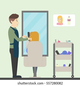 Hairdressing in salon. Barber makes hairdo to a woman in chair. Fashion and spa. Salon interior.