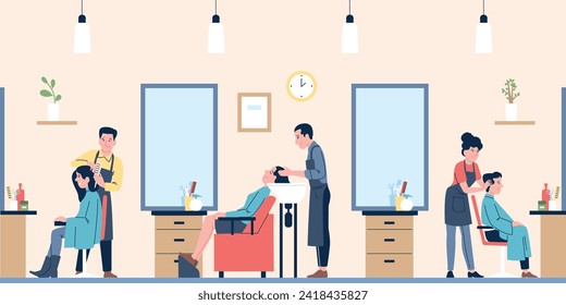 Hairdressing salon. Barbers and hairdressers working with people. Men women caring hair, doing haircuts, washing head. Flat recent vector scene