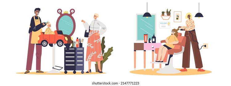 Hairdressing salon or barbershop for kids set with hairdresser do hair cuts for children in barber shop salon. Children hairstyle concept. Cartoon flat vector illustration