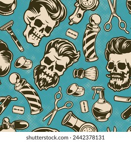 Hairdressing salon colorful pattern seamless with tools for barber industry and brutal skulls with fashionable hair vector illustration