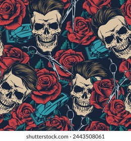 Hairdressing salon colorful vintage pattern seamless with skulls among roses and scissors or hair clippers vector illustration