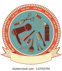 Hairdressing salon elements on label  background isolated on white