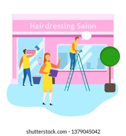 Hairdressing Salon Female Owner Check Preparation Opening Man Wash Window Clean Facade Pink Building Vector Illustration. Buy Ready Operating Business Grooming Modern Haircut Professional Service
