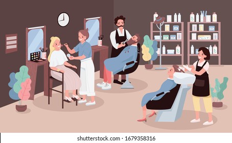 Hairdressing salon flat color vector illustration. Man cutting beard. Hairdresser washing woman's hair. Artist apply make up. Stylists 2D cartoon characters with beauty salon furniture on background