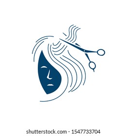 hairdressing salon hair stylist logo. beauty girl face with long hair and scissors vector