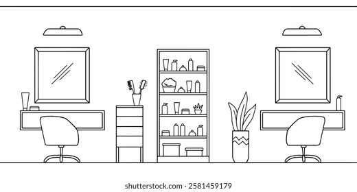 Hairdressing salon interior graphic black white sketch illustration vector