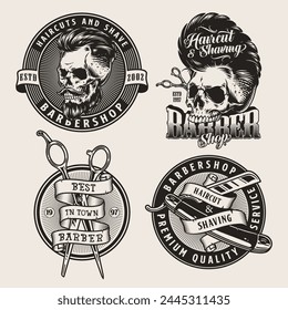 Hairdressing salon monochrome set stickers with skulls near scissors and straight razor with inscription best salon in town vector illustration