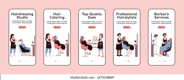 Hairdressing salon onboarding mobile app screen flat vector template. Barber shop service. Walkthrough website steps with characters. UX, UI, GUI smartphone cartoon interface, case prints set