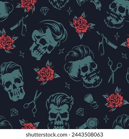 Hairdressing salon pattern seamless colorful with skulls and buds of blooming roses near scissors for barber specialist vector illustration