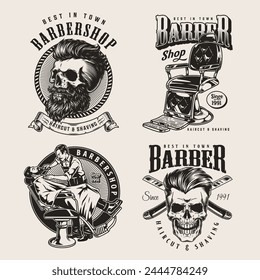 Conjunto de carteles de peluquería monocromo con calaveras y silla de cliente cerca de las palabras barbero y barbería Ilustración vectorial