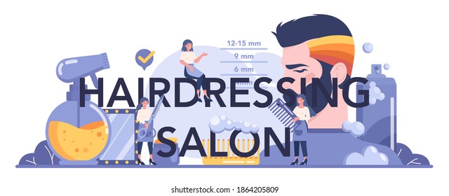 Hairdressing salon typographic header. Idea of men hair and beard care. Scissors and brush, shampoo and haircut process. Hair dressing and styling. Isolated flat illustration