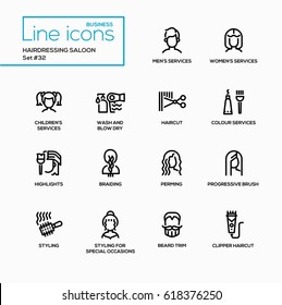 Hairdressing Saloon - Modern Vector Single Line Icons Set. Men, Women, Children, Wash, Blow Dry, Haircut, Colour, Highlight, Braiding, Perming, Styling, Special Occasions, Beard Trim, Clipper