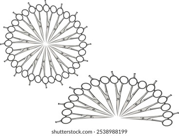 Eine im Kreis und Halbkreis angeordnete Friseurschere schafft ein abstraktes Muster, ideal für Salon- und Barbershop-Themen