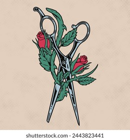 Hairdressing scissors colorful vintage sticker with small blooming roses for interior design of beauty salon or barbershop vector illustration