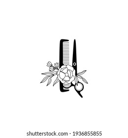 Hairdressing scissors, comb and flower, logo in minimalist and vintage style. Vector illustration for interior design, flyer, business card and poster.