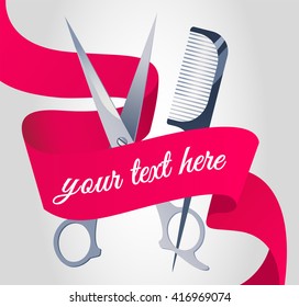 Hairdressing Scissors and Comb for hair with red ribbon. Hairdressing tools background. Vector flat illustration eps 8