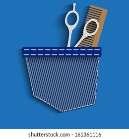 Hairdressing scissors and comb in the pocket