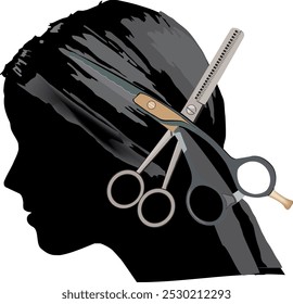 Hairdressing scissors cutting hair in a symbol of a hairdressing salon