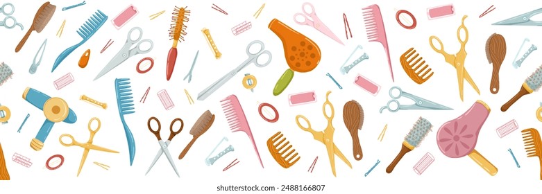 Hairdressing seamless pattern. Retro combs, scissors, hair clips horizontal ornament for adhesive tape, border frame, washi tape. Cartoon hand drawn vector banner design. White background.