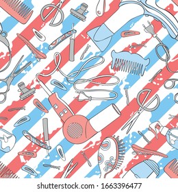 Hairdressing set: hair dryer, comb, straight razor, scissors, hair clips. Seamless vector pattern (background).