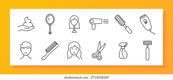 Ícone de conjunto de cabeleireiro. Pente, tesoura, navalha, secador de cabelo, espelho, spray, xampu, penteado, barbeiro, beleza, cuidado, salão, escova, estilista, pessoa, cuidados pessoais, tratamento, serviço, moda