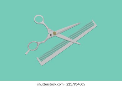 Hairdressing, Shaving Scissor And Hair Comb Vector Icon Illustration. Barber Shop Tools Icon Design Concept. Hair Accessories, Beauty And Fashion, Shop Equipment,  Styling Comb, Metal Hair Scissor.