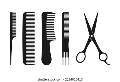 Hairdressing Supplies. Combs and scissors silhouette flat illustration set on white background