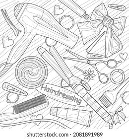 Hairdressing supplies. Hair accessories.Coloring book antistress for children and adults. Illustration isolated on white background.Zen-tangle style. Hand draw