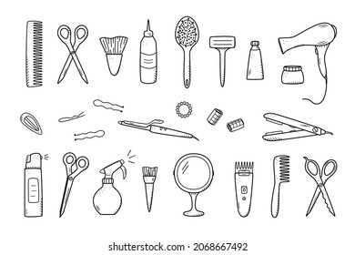 Hairdressing tool kit for beauty salon or home use. Vector illustration of doodle icons for self and hair care. Comb, razor, hair dryer, curling iron and other items