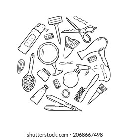 Hairdressing tool kit for beauty salon or home use. Vector illustration of doodle icons for self and hair care. Comb, razor, hair dryer, curling iron and other items