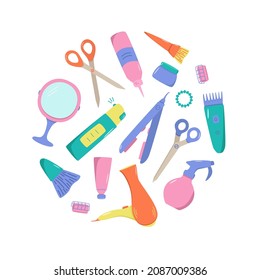 Hairdressing tool kit for beauty salon or home use. Vector illustration of doodle icons for self and hair care. Comb, razor, hair dryer, curling iron and other items.