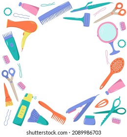 Hairdressing tool kit for beauty salon or home use. Vector illustration of doodle icons for self and hair care. Comb, razor, hair dryer, curling iron and other items.