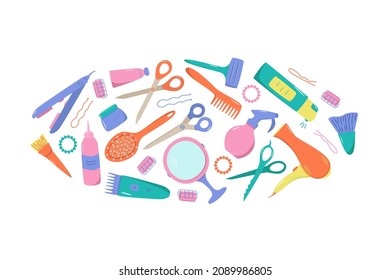 Hairdressing tool kit for beauty salon or home use. Vector illustration of doodle icons for self and hair care. Comb, razor, hair dryer, curling iron and other items.