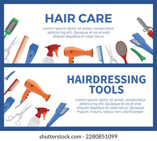 Hairdressing tools advertising web banners set, flat vector illustration. Professional equipment for haircut - comb, brush, hair straightener and dryer, scissors.